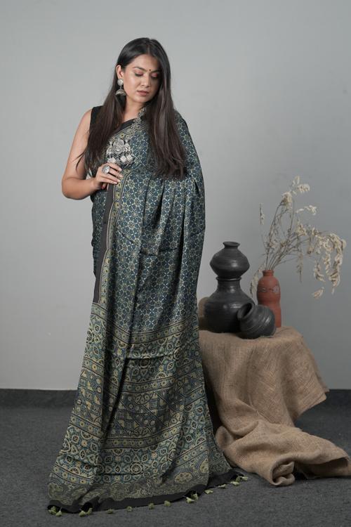 Traditional Ajrakh Indigo Blue Hand block Printed Modal-Silk Saree