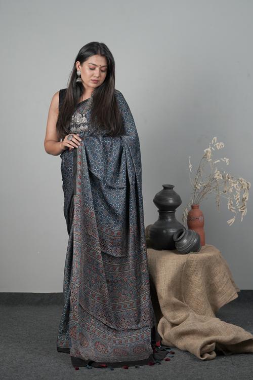 Ajrakh Traditional Hand block Printed Modal-Silk Saree col Indigo Blue.