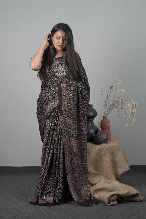 Traditional Ajrakh Hand block Printed Modal-Silk Saree,Col-Black-1