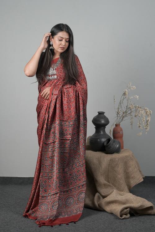 Ajrakh Hand block Printed Traditional Modal-Silk Saree Color Red