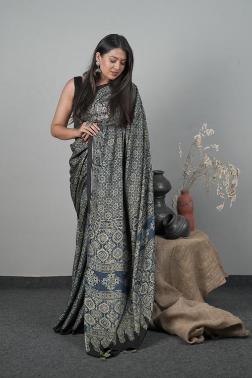 Traditional Ajrakh Hand block Printed Modal-Silk Saree, Colour Indigo Blue