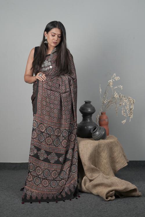Traditional Ajrakh Hand block Printed Modal-Silk Black Colour Saree