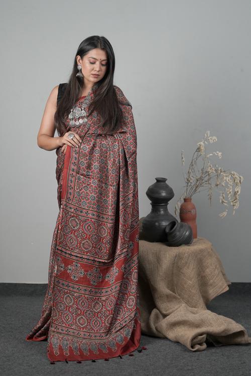 Traditional Ajrakh Hand block Printed Modal-Silk Saree, Colour Red