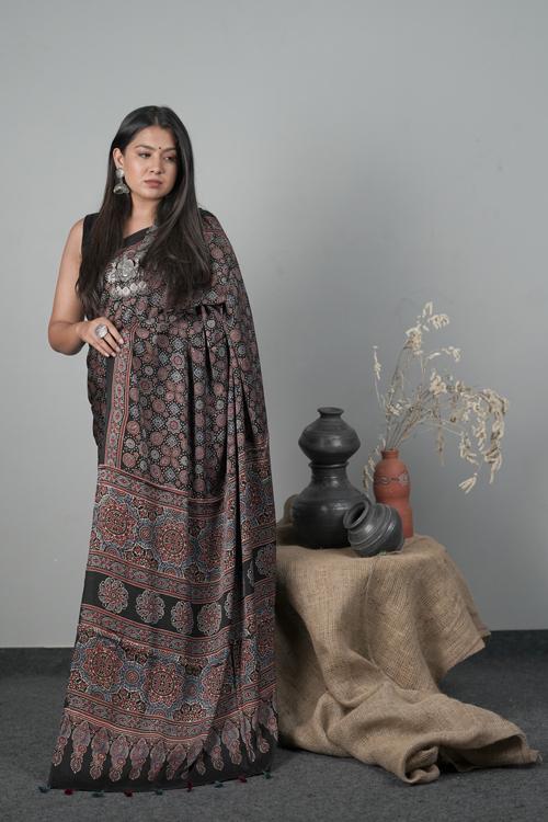 Traditional Hand block Printed Ajrakh Modal-Silk Saree Colour Black