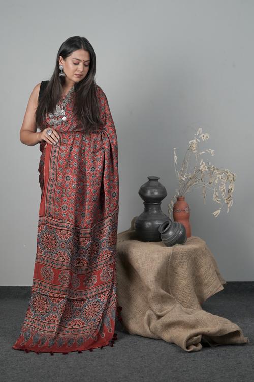Ajrakh Traditional Hand block Printed Modal-Silk Red Saree