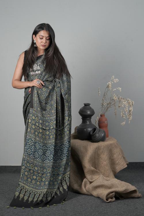 Traditional Print Hand block Indigo blue Modal-Silk Saree