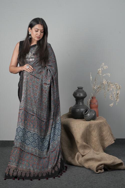 Traditional Ajrakh Hand block Printed Modal-Silk Indigo Blue Color Saree