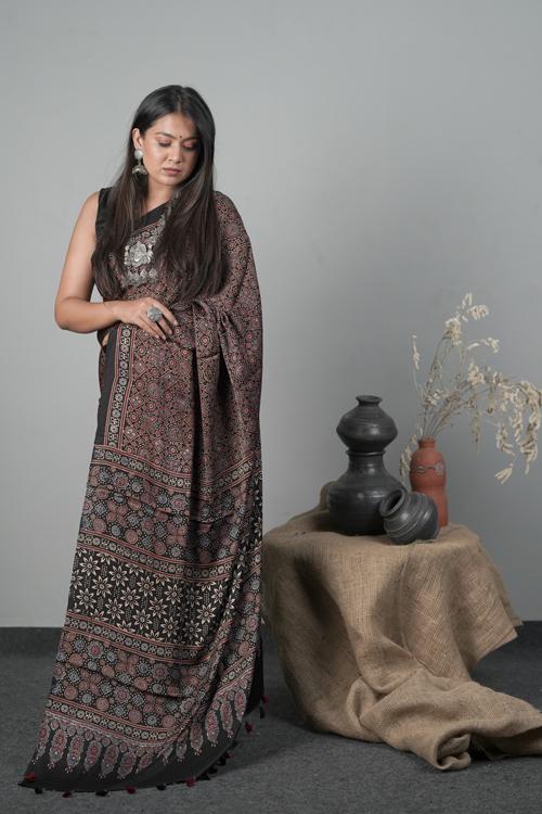 Traditional Print Ajrakh Hand block Modal-Silk Saree , Color Black