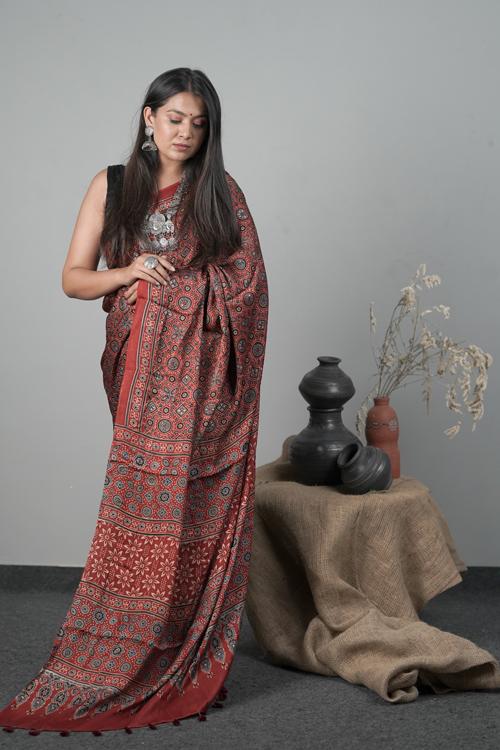 Traditional Red Ajrakh Hand block Printed Modal-Silk Saree