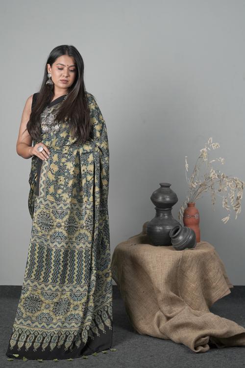 Traditional Indigo Blue Hand block Printed Ajrakh Modal-Silk Saree