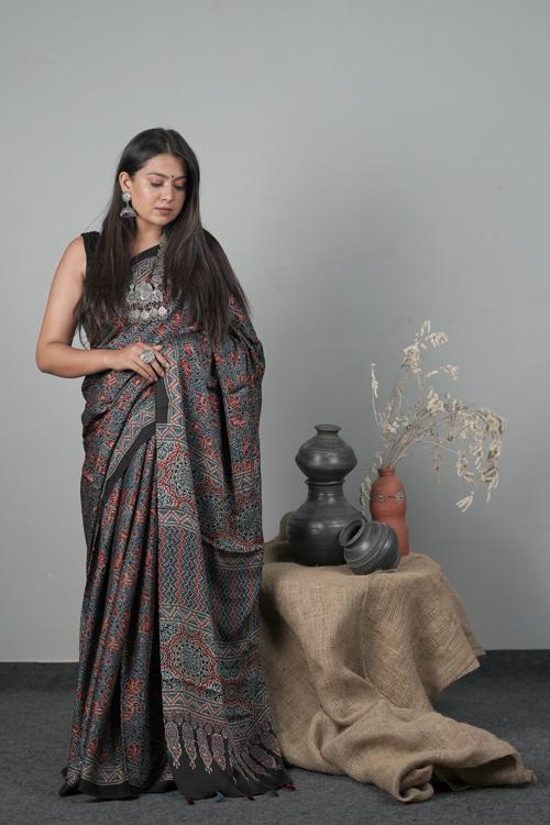 Traditional Ajrakh Hand block Printed Modal-Silk Saree Colour Indigo Blue-1