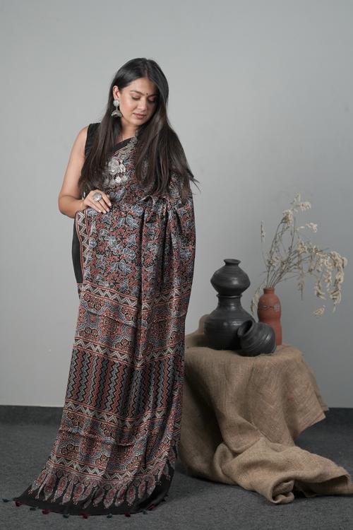 Ajrakh Traditional Hand block Printed Modal-Silk Saree Col Black