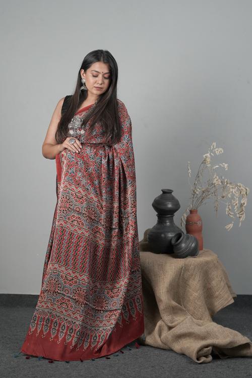 Traditional Ajrakh Hand block Printed Modal-Silk Red Saree