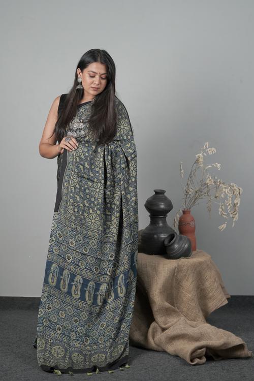 Traditional Ajrakh Block Print Modal-Silk Indigo Blue Saree