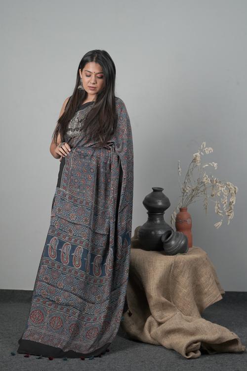 Traditional Ajrakh Hand block Printed Modal-Silk Saree, Color Indigo Blue
