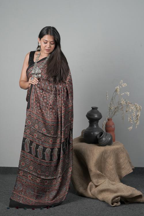 Traditional Ajrakh Hand block Printed Modal-Silk Saree col Black-1