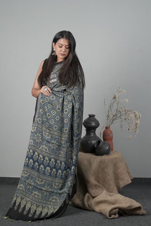 Ajrakh Hand block Printed Modal-Silk Saree, Color Indigo Blue