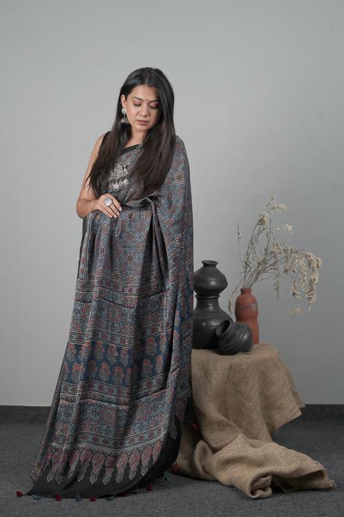 Traditional Ajrakh block Printed Modal-Silk Indigo Blue Color Saree