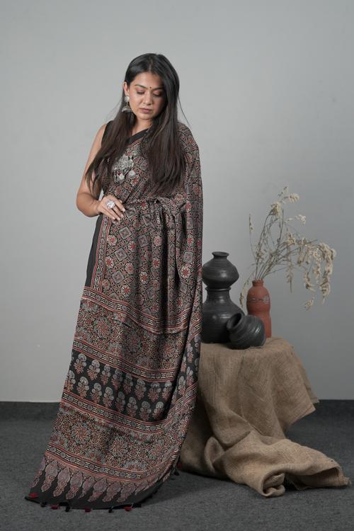 Traditional Ajrakh Hand block Printed Black Modal-Silk Saree