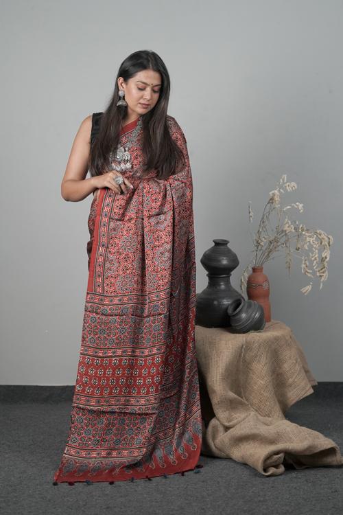 Traditional Ajrakh Hand block Printed Modal-Silk Saree Col- Red