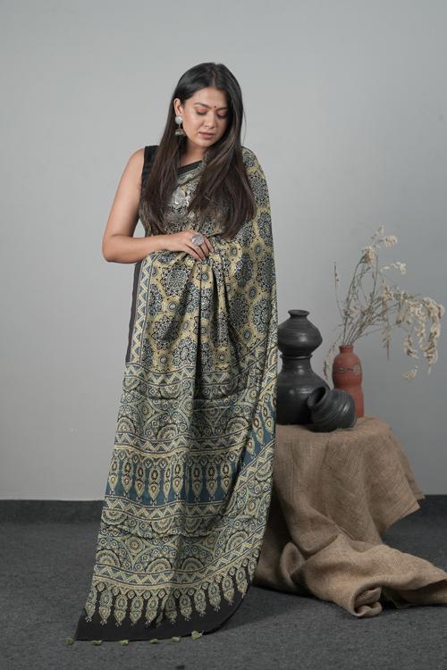 Traditional Ajrakh Hand block Printed Modal-Silk Saree Color Indigo Blue-1