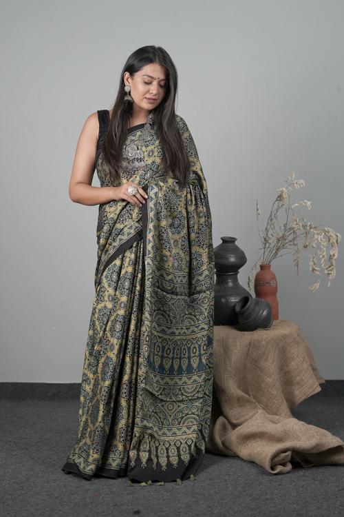 Traditional Ajrakh Hand block Printed Modal-Silk Saree Color Indigo Blue-1