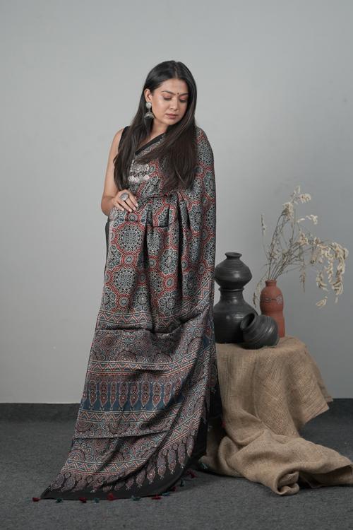 Traditional Ajrakh Hand block Printed Modal-Silk Indigo Blue color Saree