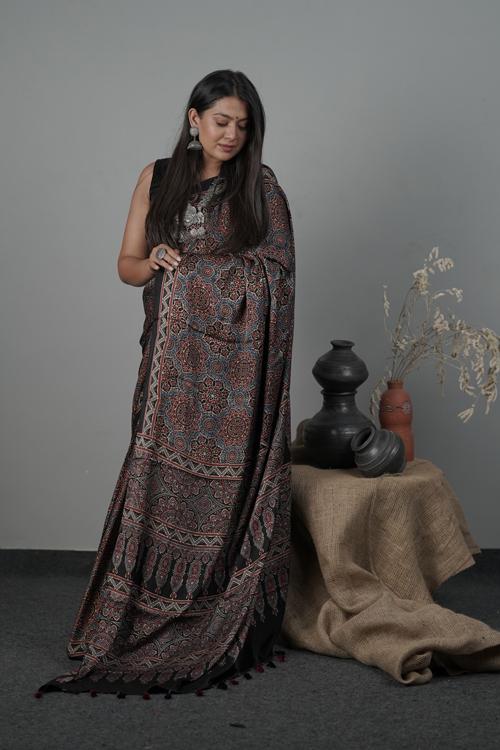 Traditional Ajrakh Hand block Printed Modal-Silk Saree Color Black-1