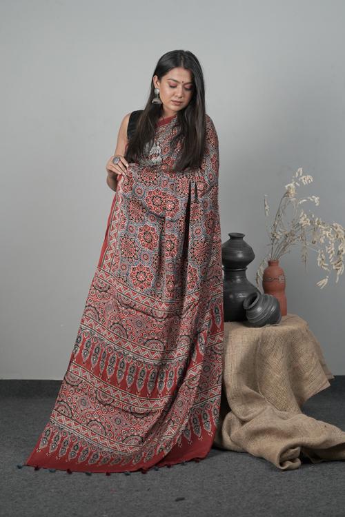 Traditional Ajrakh Hand block Printed Modal-Silk Saree Color -Red