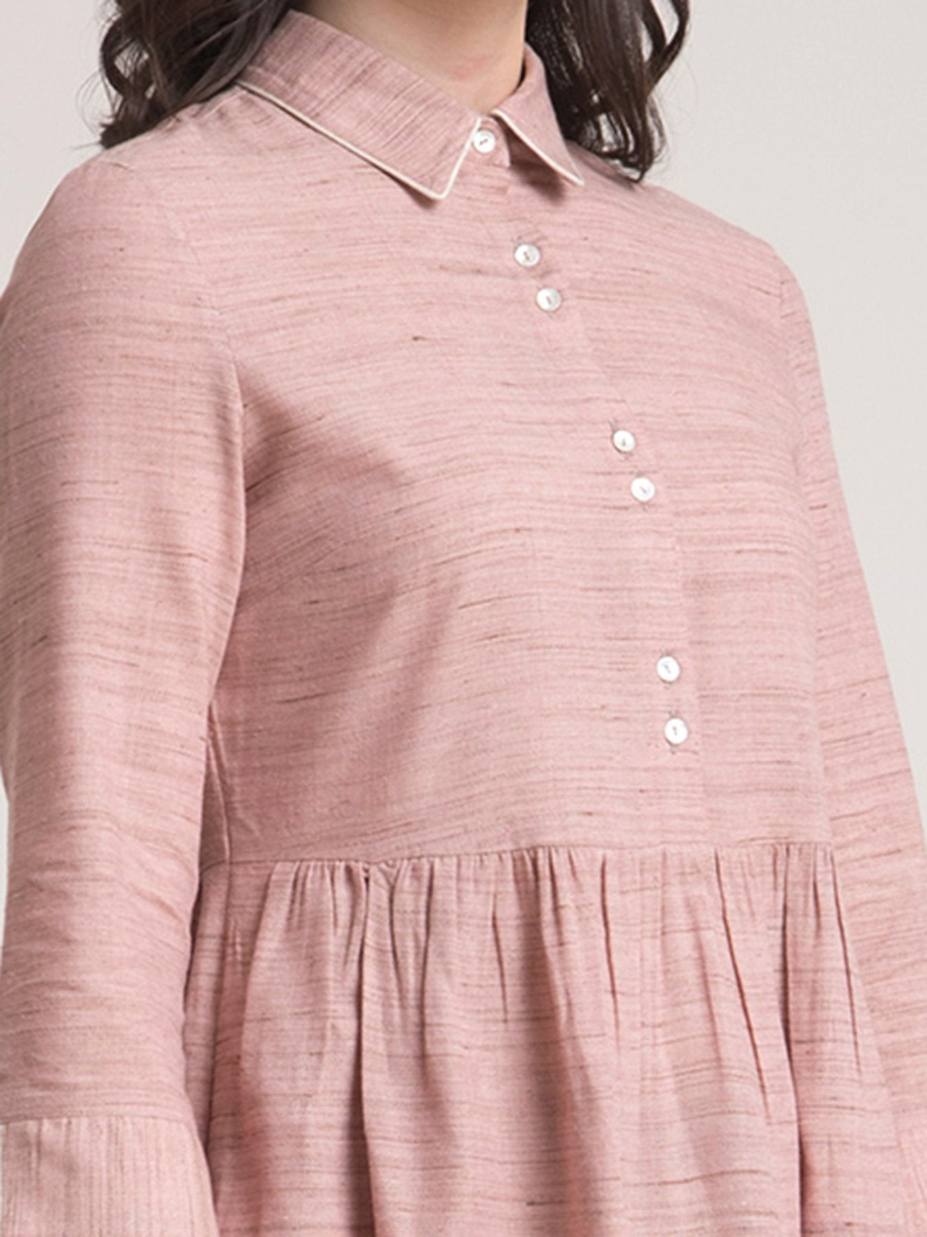 Cotton Yarn Dyed Collared Fit and Flare Dress - Dusty Pink
