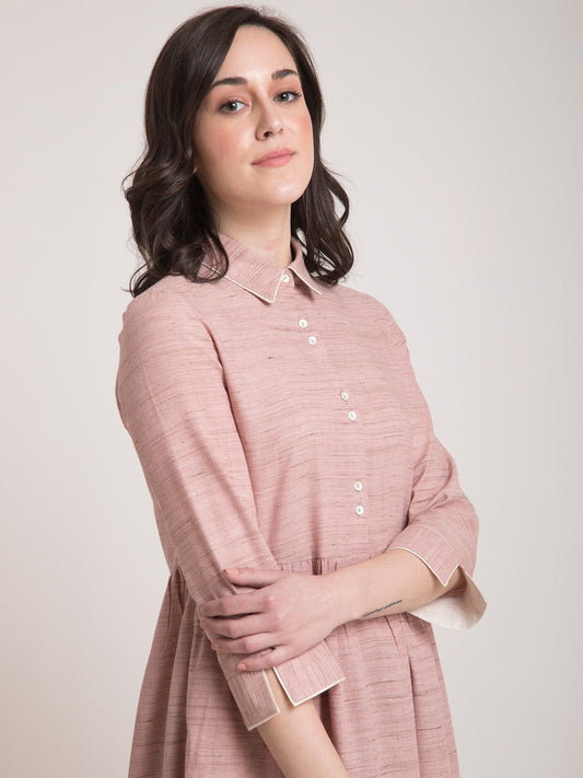 Cotton Yarn Dyed Collared Fit and Flare Dress - Dusty Pink