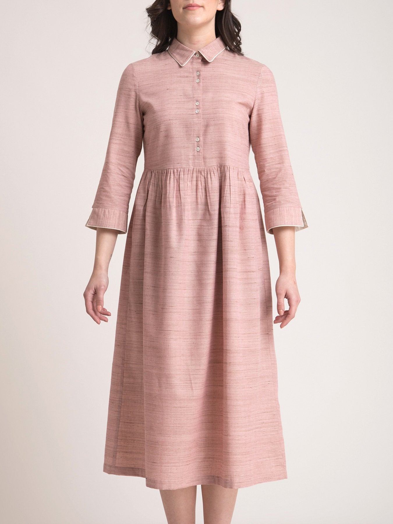 Cotton Yarn Dyed Collared Fit and Flare Dress - Dusty Pink