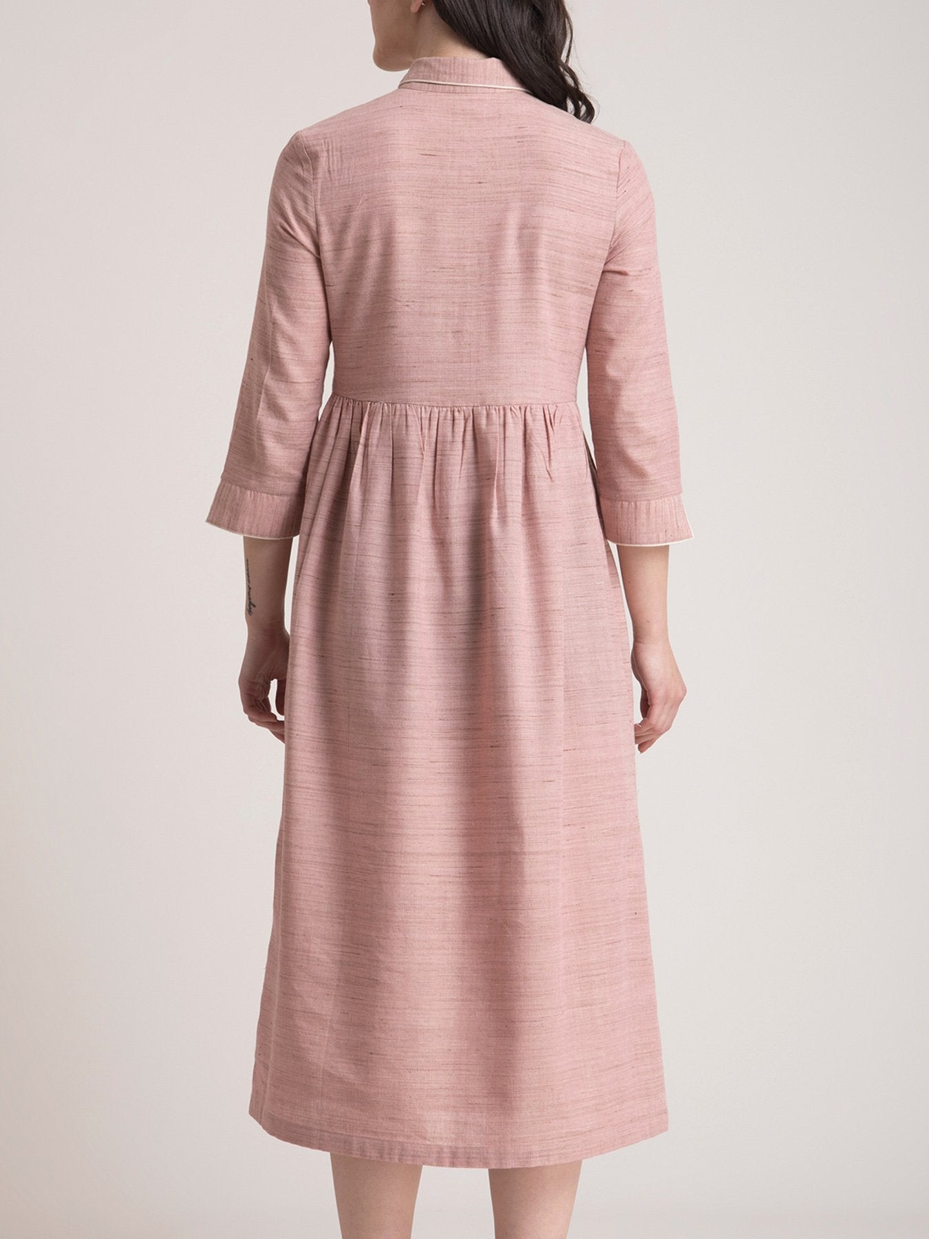 Cotton Yarn Dyed Collared Fit and Flare Dress - Dusty Pink