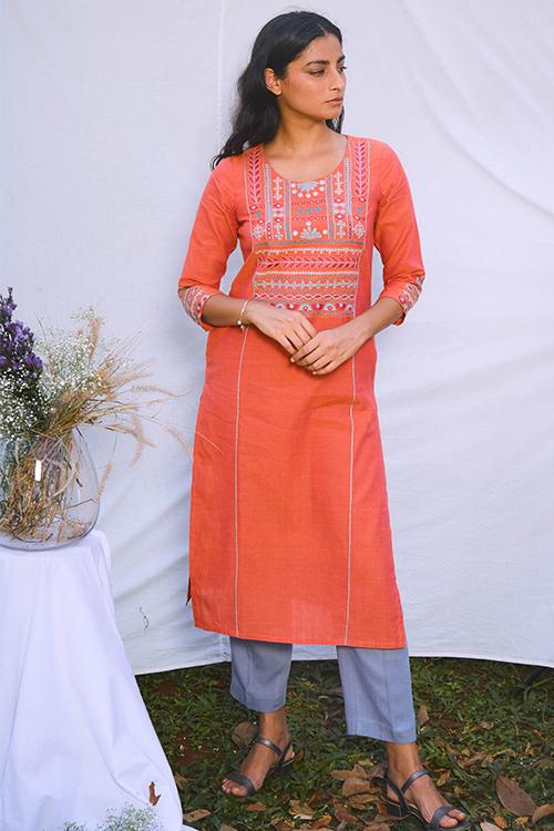 Tribal' Hand Embroidered Mirror Work Pure Cotton Long Kurta