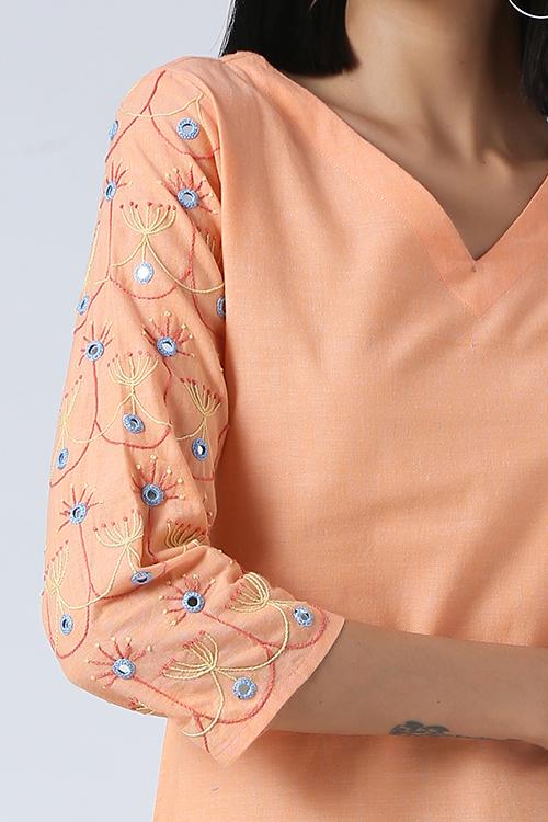 Salmon' Hand Embroidered Mirror Work Pure Cotton Long Kurta