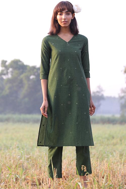Pasture' Hand Embroidered Mirror Work Pure Cotton Long Kurta