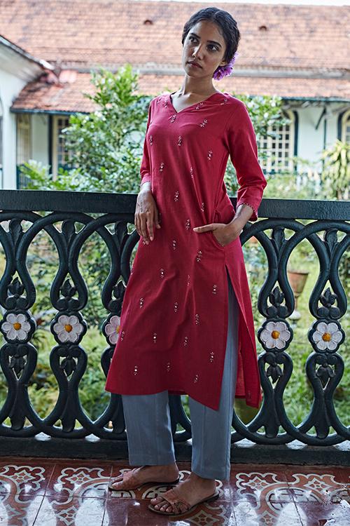 Admire' Hand Embroidered Mirror Work Pure Cotton Long Kurta