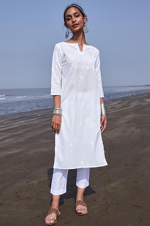 Shakira' Pure Cotton Chikankari Embroidered Long Kurta
