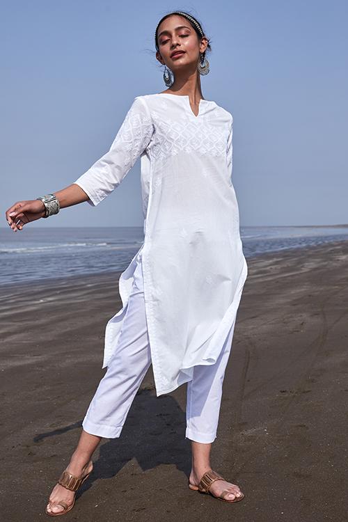 Shakira' Pure Cotton Chikankari Embroidered Long Kurta