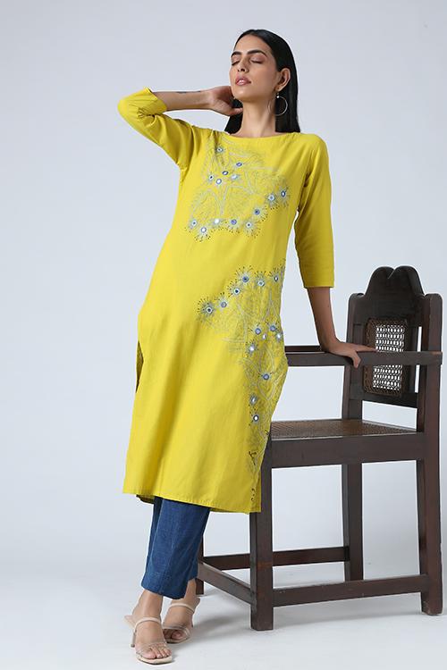 Sun Sparkle' Hand Embroidered Mirror Work Pure Cotton Long Kurta