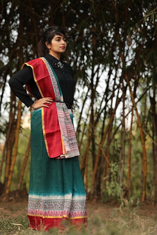 Studio Moya-LAAL PAAD/ MADHUBANI/ (GREEN DYED) Saree