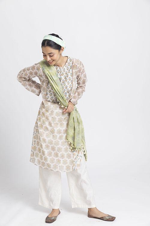 LVLILA-133 Lotus Veda svetah: green hand block printed chanderi silk kurta