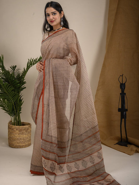 Bagru Block Printed Kota Doria Saree - Beige Small Print