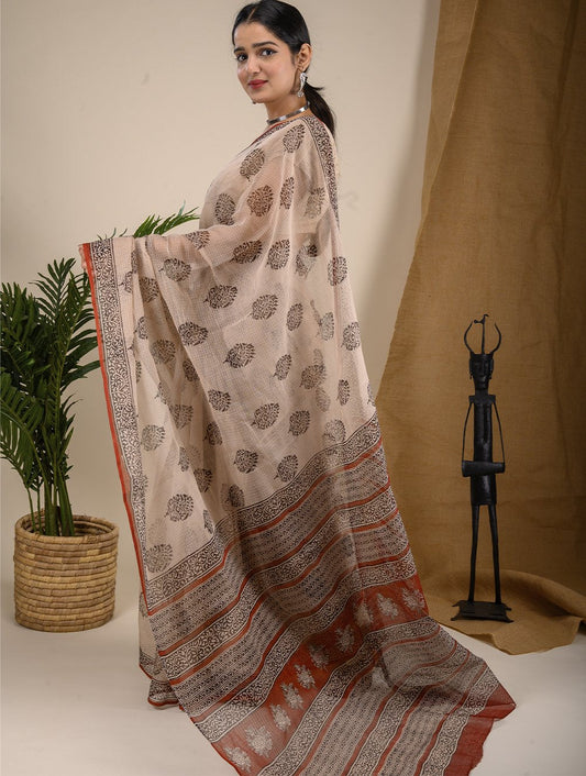 Bagru Block Printed Kota Doria Saree - Beige & Black Floral
