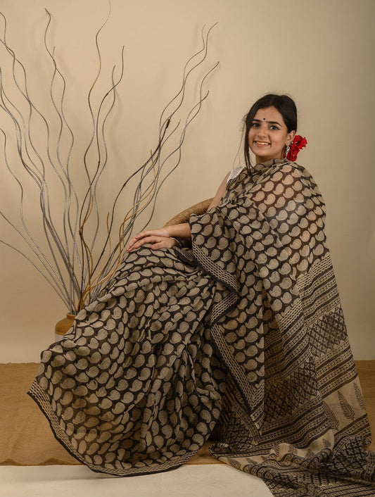 Bagru Block Printed Kota Doria Saree - Black & Beige Paisleys