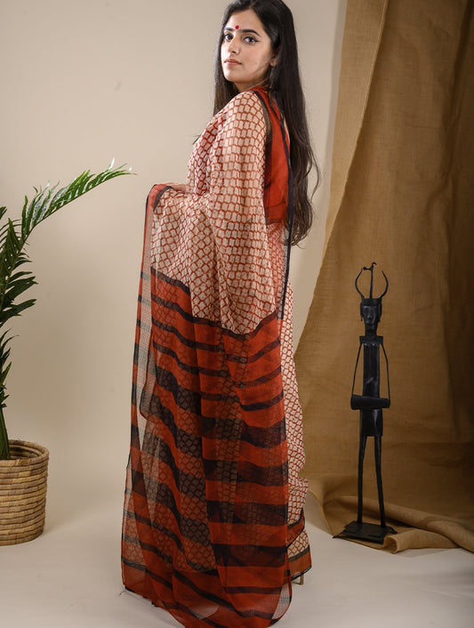 Bagru Block Printed Kota Doria Saree - Brick Red & Black