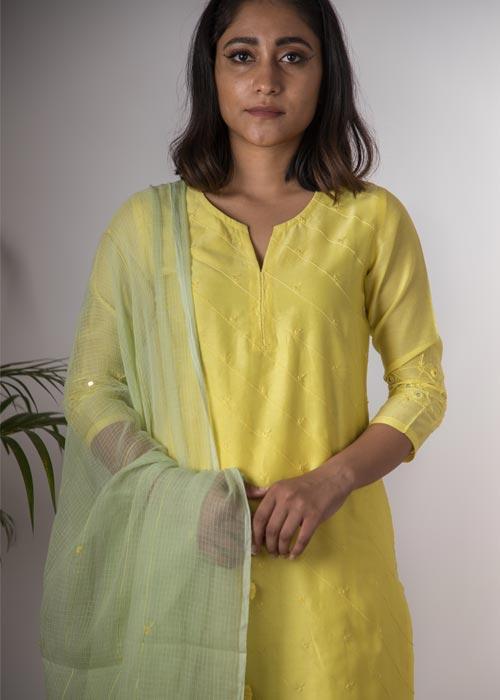 Lily' Hand Embroidered lemon green Chanderi kurta. 2pc set (kurta and dupatta)