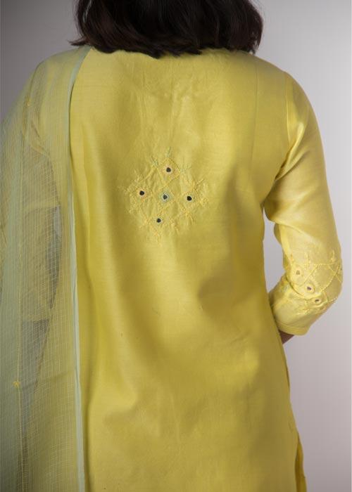 Lily' Hand Embroidered lemon green Chanderi kurta. 2pc set (kurta and dupatta)