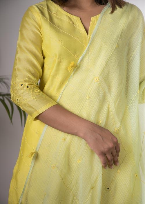 Lily' Hand Embroidered lemon green Chanderi kurta. 2pc set (kurta and dupatta)