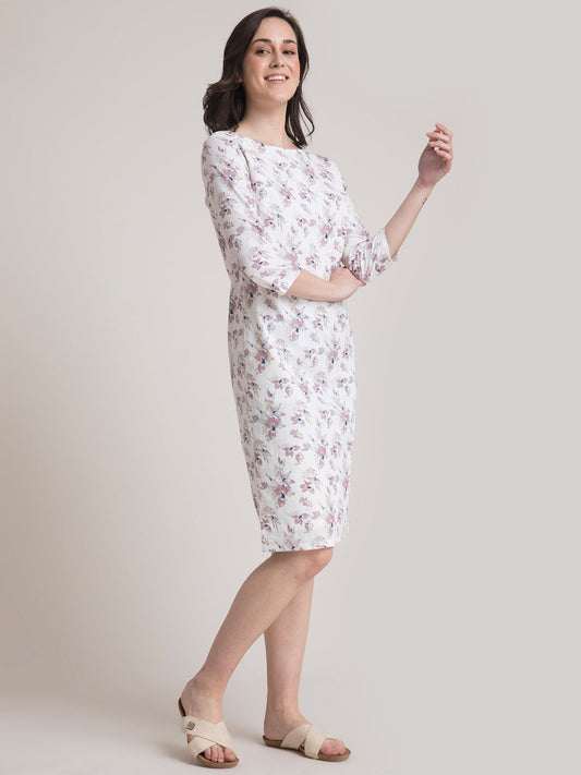 Linen Boat Neck Floral Dress - Pink and White